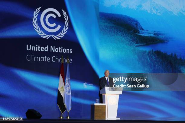 Al Gore speaks during the Sharm El-Sheikh Climate Implementation Summit of the UNFCCC COP27 climate conference on November 07, 2022 in Sharm El...