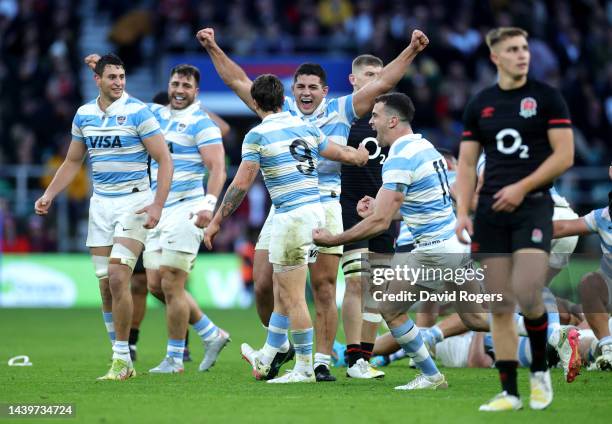 Ignacio Ruiz of Argentina celebrates with team mates after their victory during the Autumn International match between England and Argentina at...