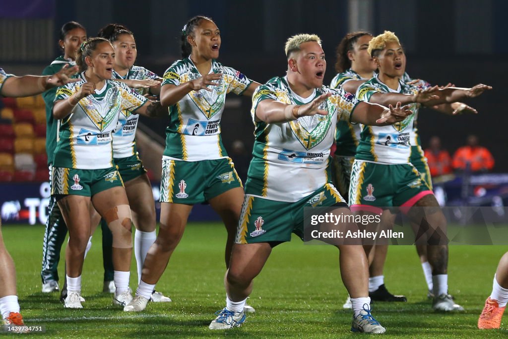 Bruce Cook Rugby Kerehitina Matua of the Cook Islands performs the Pe'e Māori during ...