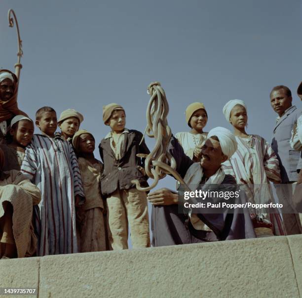 Local boys crowd around a snake charmer holding snakes in his hand in the town of Esna on the west bank of the River Nile in Upper Egypt, Egypt circa...