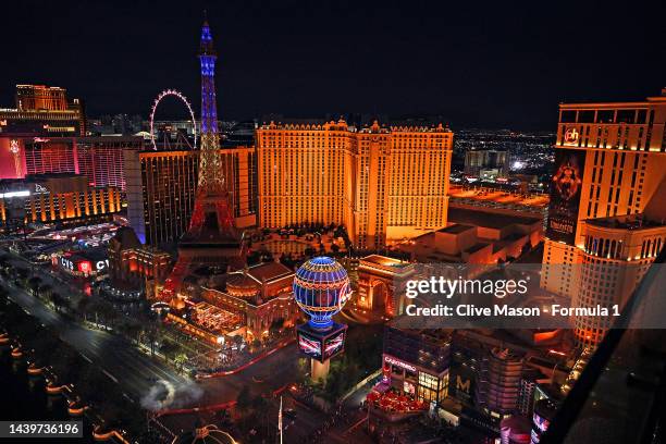 Lewis Hamilton of Great Britain and Mercedes drives on the demonstration course from The Cosmopolitan of Las Vegas during the Formula 1 Las Vegas...