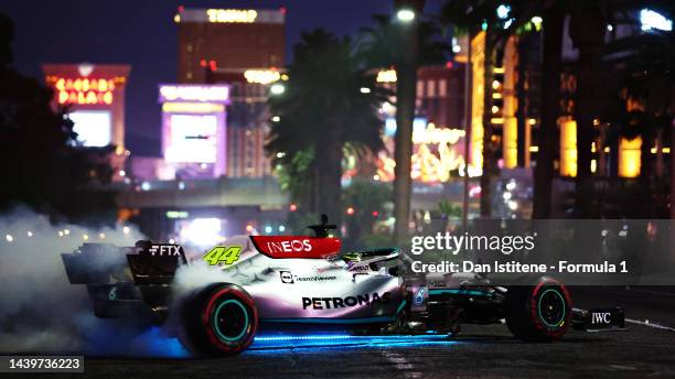 Lewis Hamilton of Great Britain and Mercedes driving on track during the Formula 1 Las Vegas Grand Prix 2023 launch party on November 05, 2022 on the...