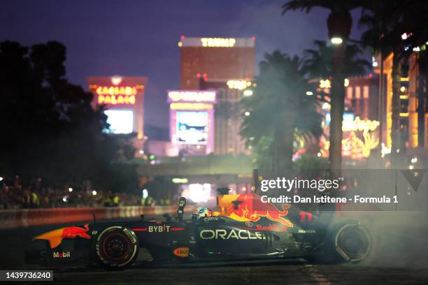 Sergio Perez of Mexico and Red Bull driving on track during the Formula 1 Las Vegas Grand Prix 2023 launch party on November 05, 2022 on the Las...