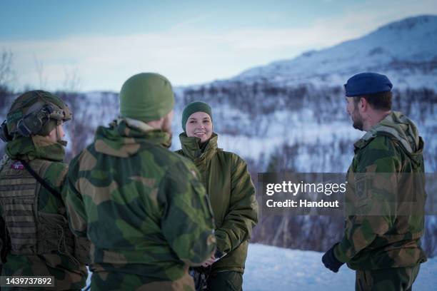 In this handout image provided by the The Royal Court Of Norway, Princess Ingrid Alexandra visits the Norwegian Navy on October 25, 2022 in...