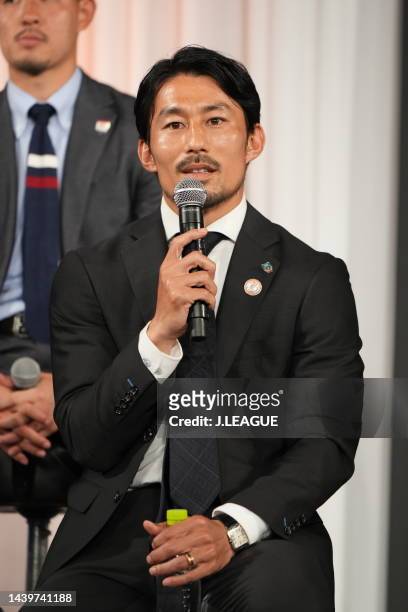 Akihiro IENAGA of Kawasaki Frontale is interviewed after the 2022 J.League Awards on November 07, 2022 in Tokyo, Japan.