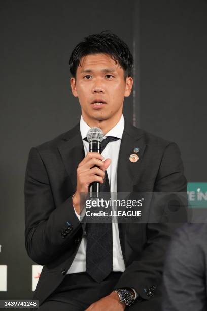 Miki YAMANE of Kawasaki Frontale is interviewed after the 2022 J.League Awards on November 07, 2022 in Tokyo, Japan.