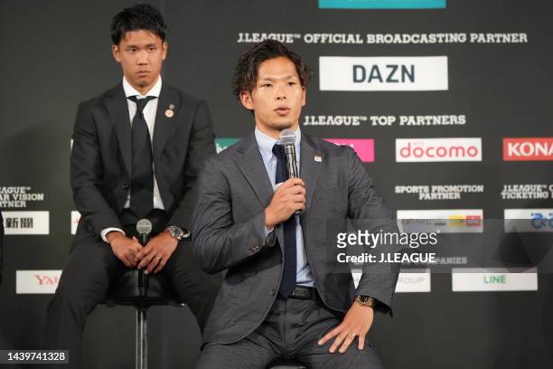 Tomoki IWATA of Yokohama F･Marinos is interviewed after the 2022 J.League Awards on November 07, 2022 in Tokyo, Japan.