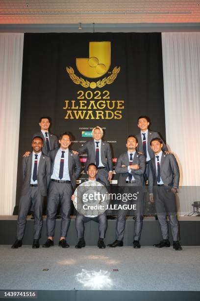 Takuya KIDA of Yokohama F･Marinos poses for photographs with his teammate after the 2022 J.League Awards on November 07, 2022 in Tokyo, Japan.