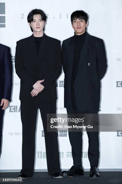 South Korean actors Lee Jong-Suk and Kim Rae-Won attend the 'Decibel' press screening at Yongsan CGV on November 07, 2022 in Seoul, South Korea. The...