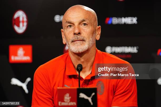 Head Coach Stefano Pioli of AC Milan attends a press conference at Milanello on November 7, 2022 in Cairate, Italy.