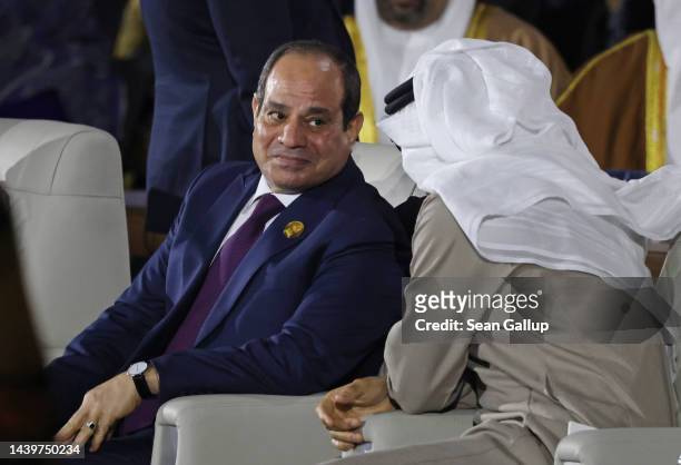 Egyptian President Abdel Fattah El-Sisi chats with Mohammed bin Zayed Al Nahyan, President of the United Arab Emirates, at the Sharm El-Sheikh...