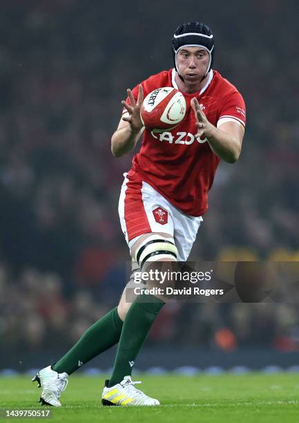 Adam Beard of Wales catches the ball during the Autumn International match between Wales and New Zealand All Blacks at the Principality Stadium on...