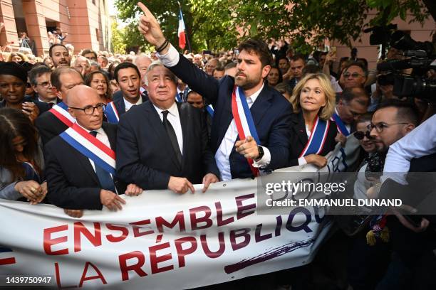 The Mayor of L'Hay-les-Roses Vincent Jeanbrun gestures next to President of the French right-wing party Les Republicains and MP Eric Ciotti , French...