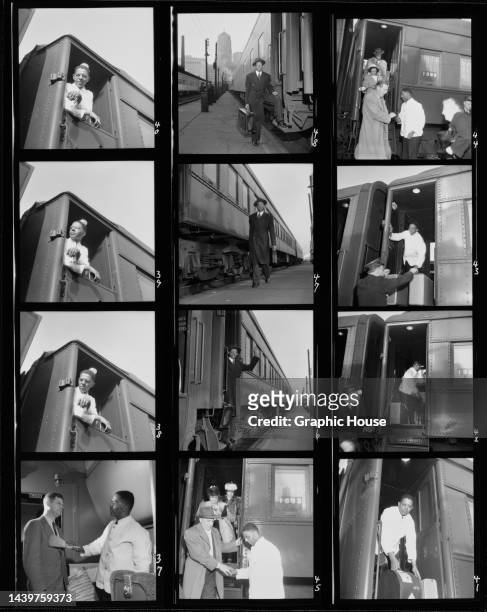 Contact sheet with twelve frames showing a Black Pullman porter arriving for work, helping passengers onto and off the train at an rail station,...