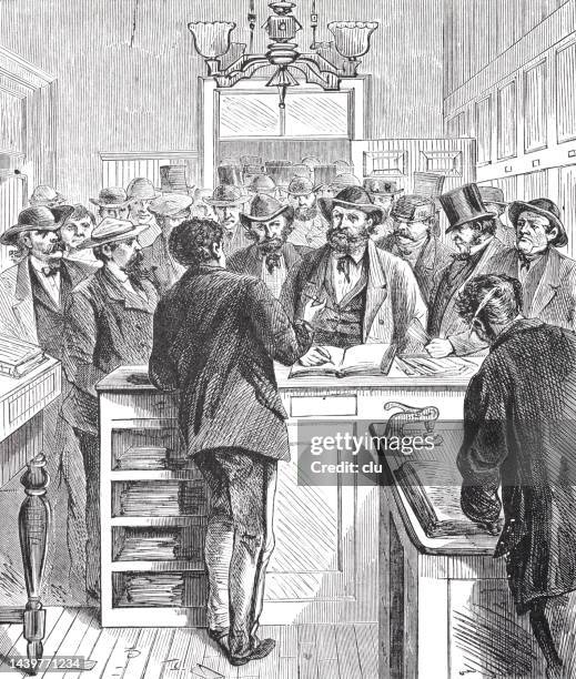 new york city, securing certificates of naturalization, 1868 - immigration ceremony stock illustrations