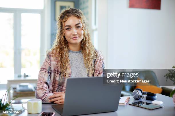 young smiling businesswoman with laptop at home - irish woman stock pictures, royalty-free photos & images