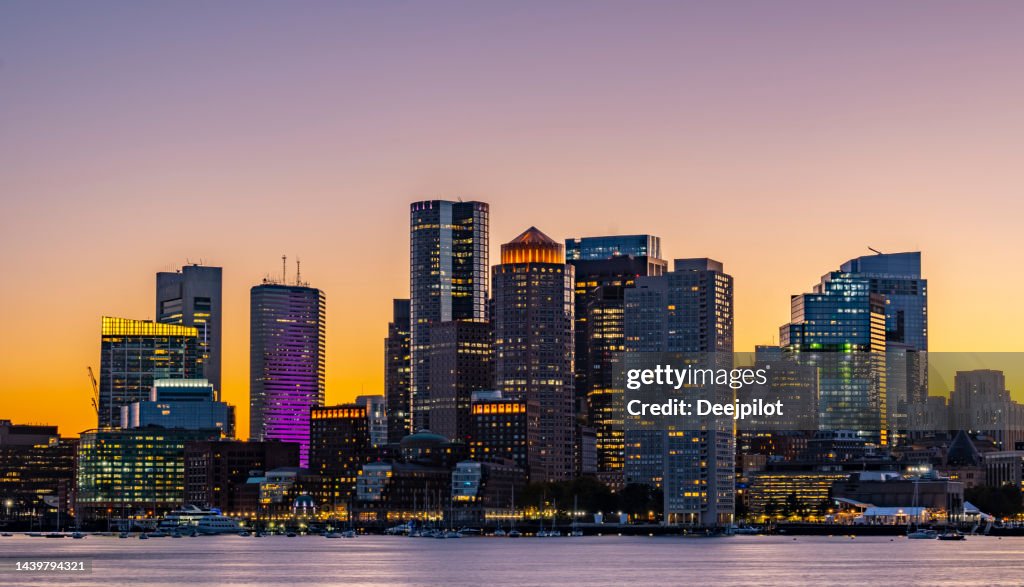 The Boston Downtown Skyline at Sunset, Massachusetts, USA
