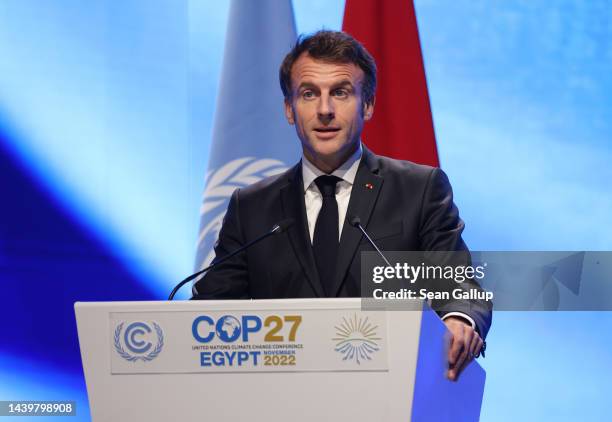 French President Emmanuel Macron speaks during the Sharm El-Sheikh Climate Implementation Summit of the UNFCCC COP27 climate conference on November...
