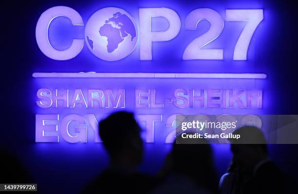 Sign stands illuminated in the plenary hall at the UNFCCC COP27 climate conference on November 07, 2022 in Sharm El Sheikh, Egypt. The conference is...