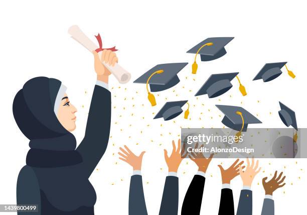 happy graduate arabic muslim student with diploma - beautiful arab girl 幅插畫檔、美工圖案、卡通及圖標
