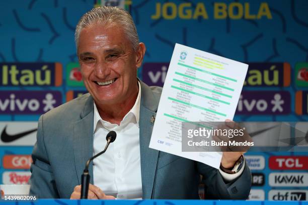 Tite coach of Brazil shows the list with the players during a press conference to announce the squad for FIFA Qatar 2022 World Cup on November 07,...