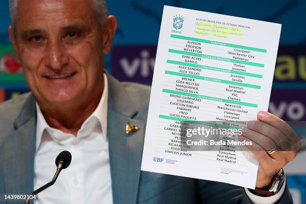 Tite coach of Brazil shows the list with the players during a press conference to announce the squad for FIFA Qatar 2022 World Cup on November 07,...