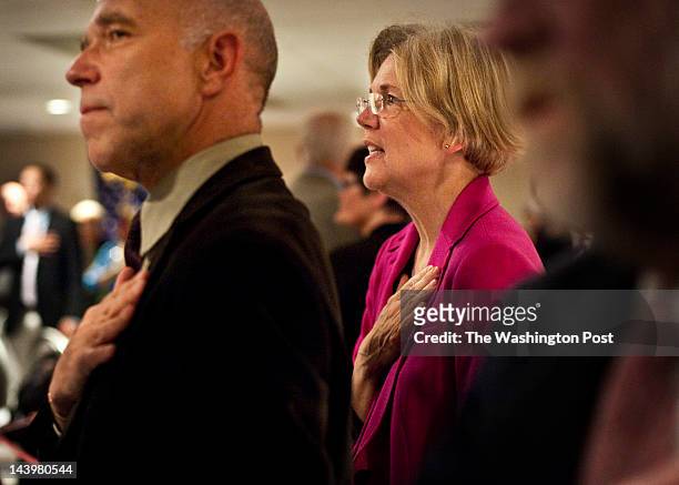 Seth Rolbein, Massachusetts political advisor and U.S. Senate candidate Professor Elizabeth Warren say the Pledge of Allegiance at the Cape &amp;...
