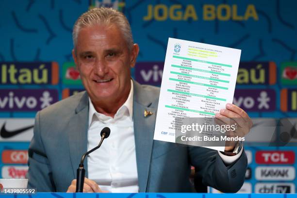 Tite coach of Brazil shows the list with the players during a press conference to announce the squad for FIFA Qatar 2022 World Cup on November 07,...