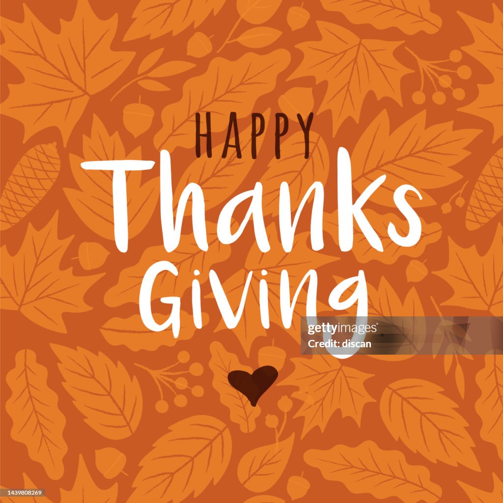 Happy Thanksgiving card with autumn leaves background.