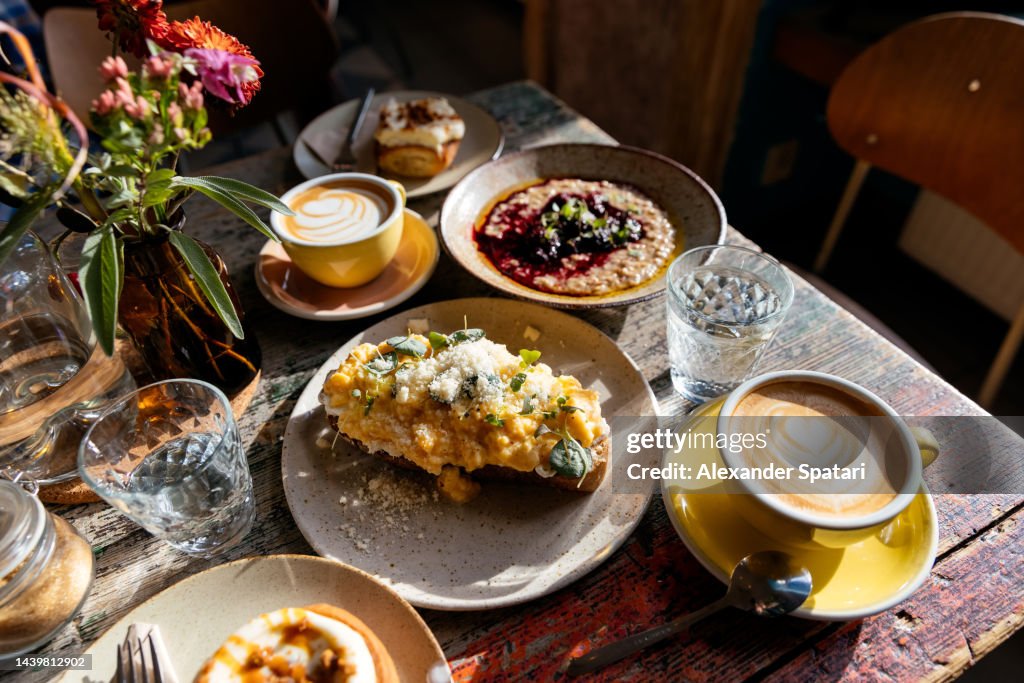 Healthy breakfast served in a cafe, side view