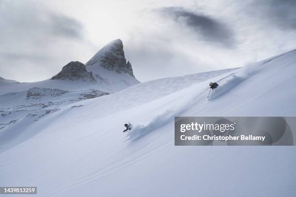 two skiers in unison in remote mountains - parallel ストックフォトと画像