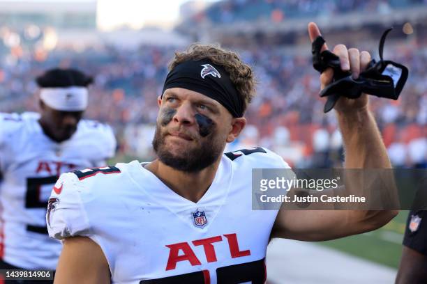 Erik Harris of the Atlanta Falcons walks off the field after the game against the Cincinnati Bengals at Paul Brown Stadium on October 23, 2022 in...