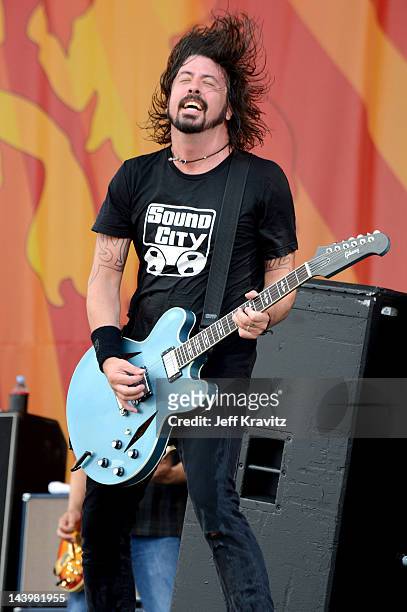 Dave Grohl of the Foo Fighters performs during the 2012 New Orleans Jazz & Heritage Festival at the Fair Grounds Race Course on May 6, 2012 in New...