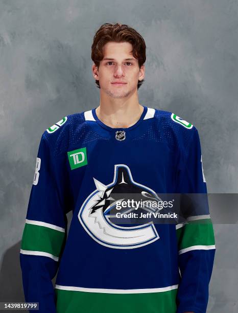 Jack Studnicka of the Vancouver Canucks poses for his official headshot for the 2022-2023 season before their NHL game against the Nashville...