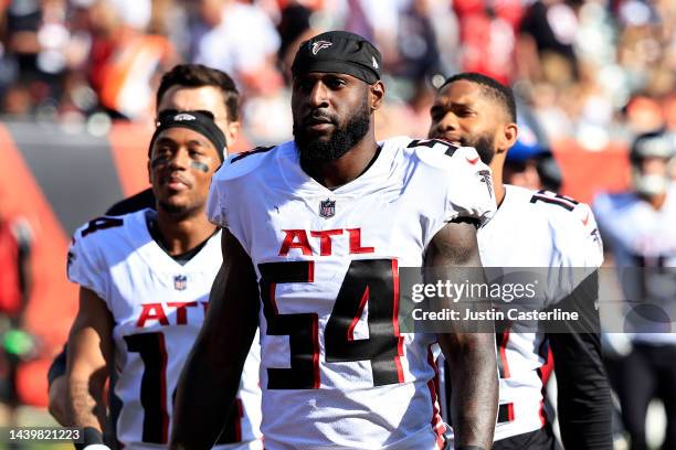 Rashaan Evans of the Atlanta Falcons walks off the field at halftime in the game against the Cincinnati Bengals at Paul Brown Stadium on October 23,...