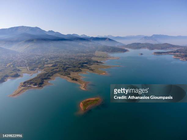 Aerial View of Plastiras Lake or Tavropos Lake on Octomber 22, 2022 in Karditsa, Greece.