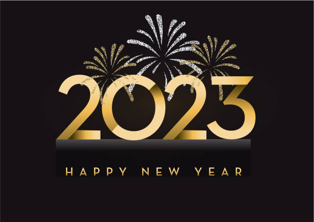 メタリックゴールドの2023年の新年あけましておめでとうございますと花火のグリーティングカードバナーデザイン - happy new year banner点のイラスト素材／クリップアート素材／マンガ素材／アイコン素材