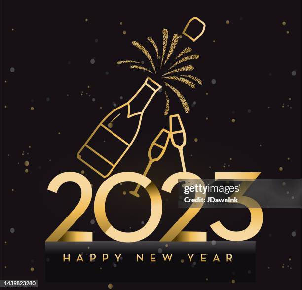 frohes neues jahr 2023 grußkarte banner design in metallic-gold mit glitzer-champagnerflasche - schaumwein stock-grafiken, -clipart, -cartoons und -symbole