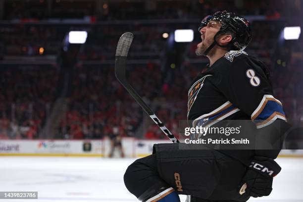 Alex Ovechkin of the Washington Capitals celebrates his goal against the Arizona Coyotes during the second period at Capital One Arena on November...