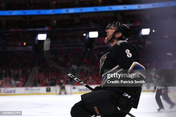 Alex Ovechkin of the Washington Capitals celebrates his goal against the Arizona Coyotes during the second period at Capital One Arena on November...