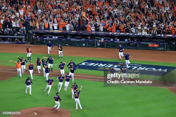 The Houston Astros celebrate after defeating the Philadelphia Phillies 4-1 to win the 2022 World Series in Game Six of the 2022 World Series at...