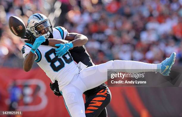 Terrace Marshall Jr. #88 of the Carolina Panthers fails to complete a pass against the Cincinnati Bengals during the first half at Paycor Stadium on...