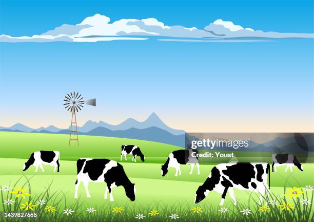 ilustraciones, imágenes clip art, dibujos animados e iconos de stock de escena idílica de la granja. ganado holstein y viejo molino de viento en un campo. - concept does not exist