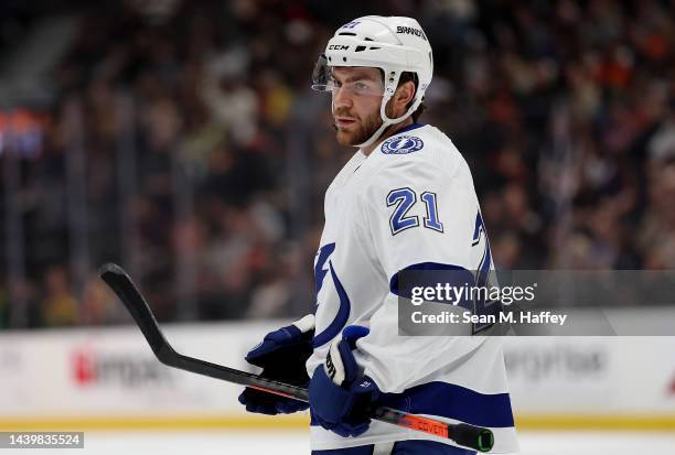 Brayden Point of the Tampa Bay Lightning looks on during the first period of a game against the Anaheim Ducks at Honda Center on October 26, 2022 in...