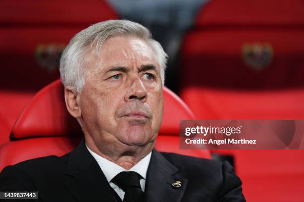 Carlo Ancelotti, Head Coach of Real Madrid CF looks on prior to the LaLiga Santander match between Rayo Vallecano and Real Madrid CF at Campo de...