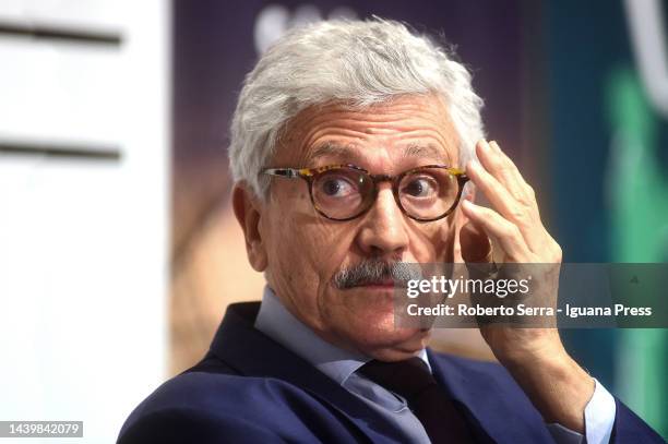 Former Italian Prime Minister Massimo D'Alema presents their book "Last Time In Moscow" at Borsa Hall Library on November 07, 2022 in Bologna, Italy.