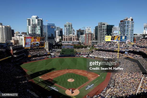 General view of the stadium in game two of the National League Championship Series between the Philadelphia Phillies and the San Diego Padres at...
