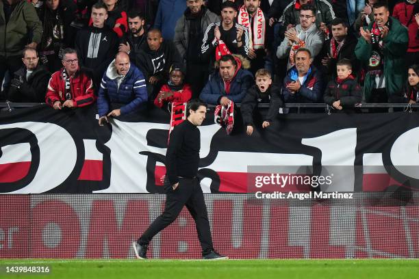 Andoni Iraola, Head Coach of Rayo Vallecano leaves the pitch after being shown a red card during the LaLiga Santander match between Rayo Vallecano...