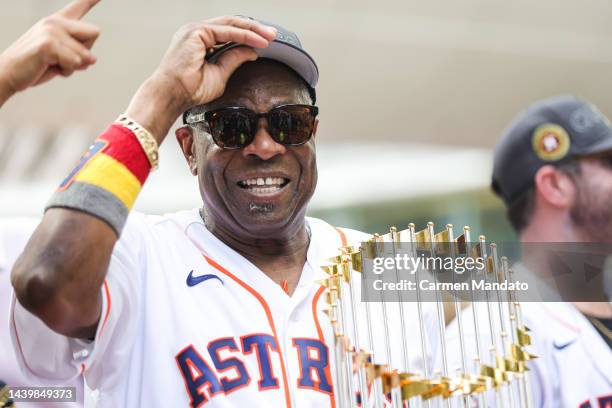 Dusty Baker Jr. #12 of the Houston Astros participates in the World Series Parade on November 07, 2022 in Houston, Texas.