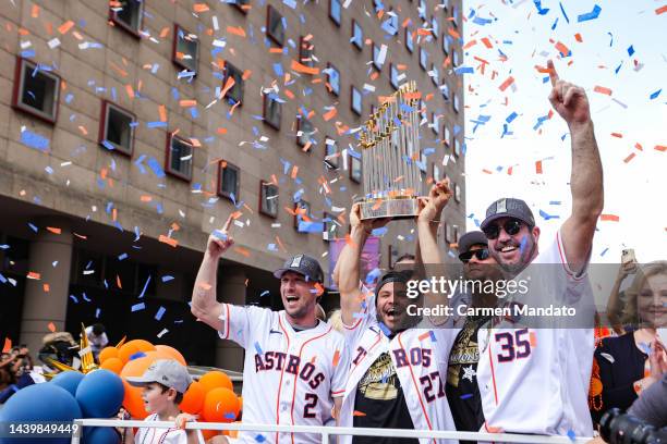 Jose Altuve, Alex Bregman, Justin Verlander, Yuli Gurriel and Lance McCullers Jr. #43 of the Houston Astros participate in the World Series Parade on...